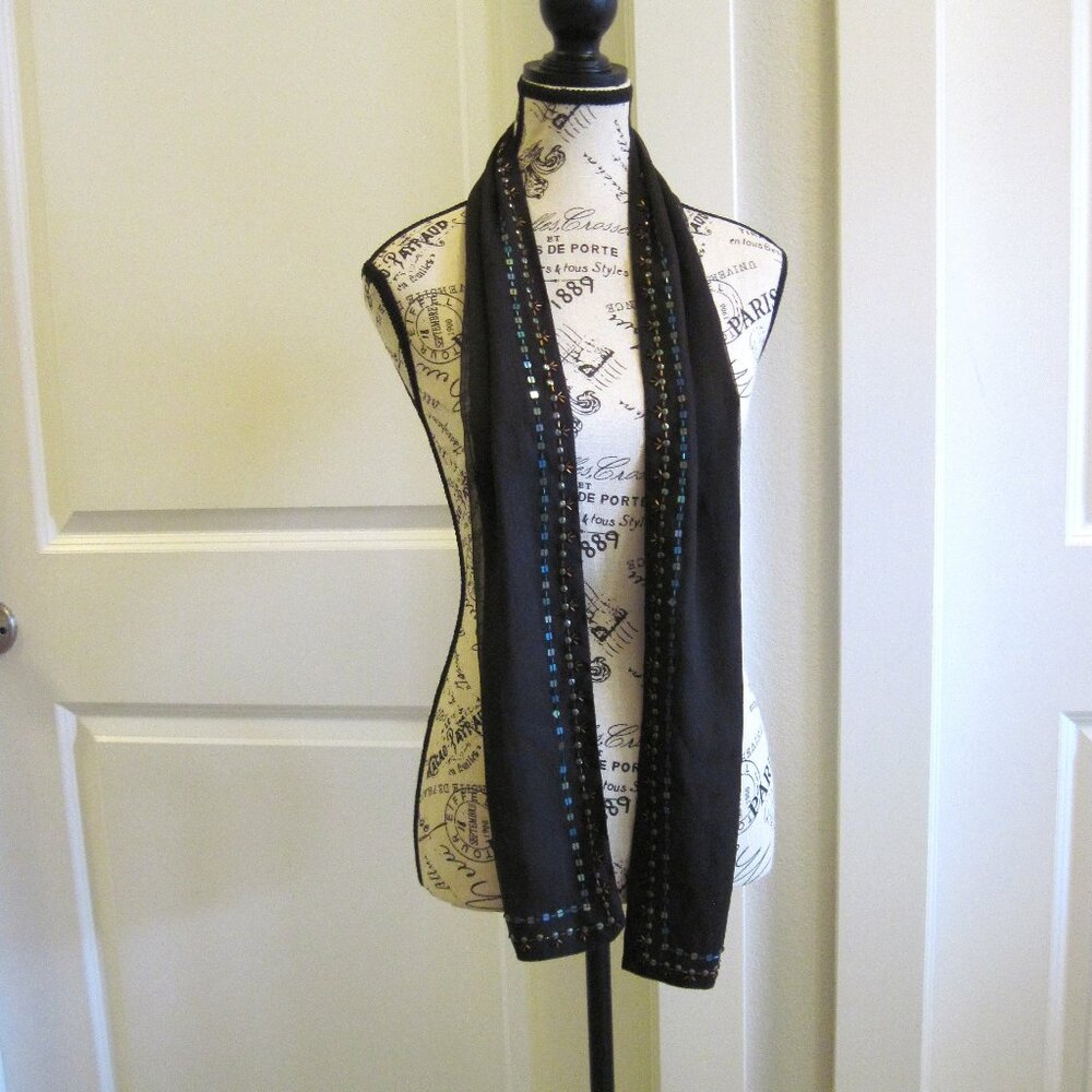 Brown Chiffon & Silk Long Scarf w/Sequin & Bead Work